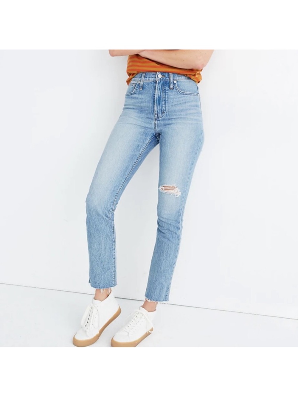 Madewell the Perfect Vintage Jean Light Wash sz 26 Raw Hem distressed knee